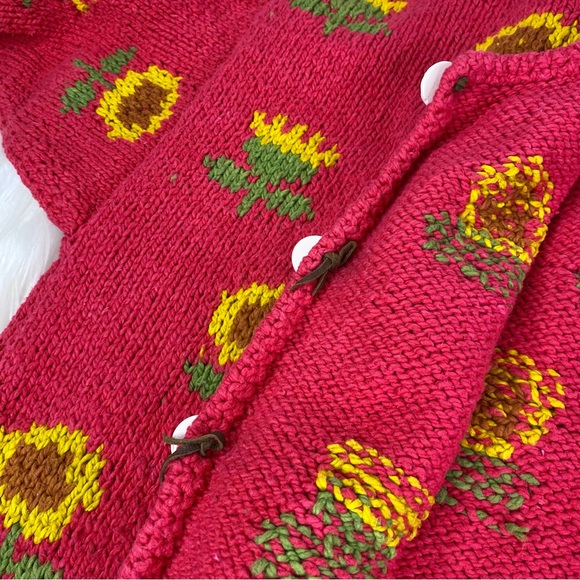 Vintage Amano Cotton Pink Sunflower Cardigan Hand Knit Sweater Women’s One Size - Picture 6 of 10